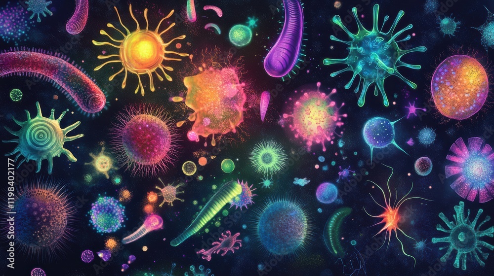 Fototapete Colorful array of bacteria and microbes showcasing diverse shapes and sizes in a vibrant microscopic world. Generative AI