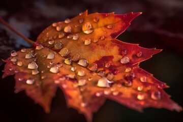 Extreme macro of a red maple leaf with dew droplets, fine veins & warm. Captures autumn's dreamy beauty in stunning detail. Perfect for seasonal designs.