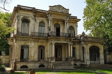 Obraz premium An old, ornate Neoclassical style mansion with a weathered facade, featuring classical architectural details, large windows, and a balcony. The surrounding area includes green grass and trees.