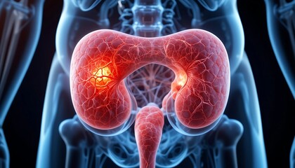 3D Medical Illustration of Kidneys with Renal Cell Carcinoma Tumors Highlighting Cancerous Growth