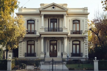Obraz premium A grand, historic Neoclassical style mansion with a symmetrical facade, featuring large windows, ornate architectural details, and a lush garden. 