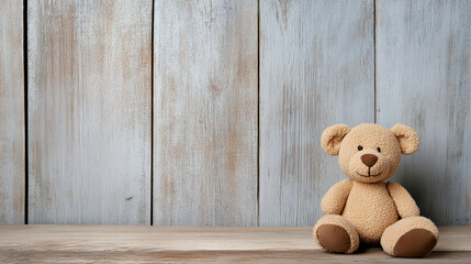 Soft teddy bear sitting on wooden surface against rustic background