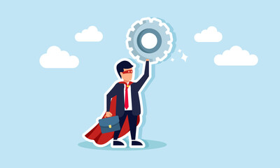 Businessman like a superhero lifting a shining gear machine, illustration of hard work in creating an ideal business system