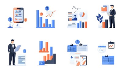 Flat vector icons representing various aspects of accounting and bookkeeping, showcasing tools, documents, and financial symbols in a cohesive design.