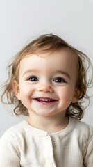 Naklejka premium 93. A smiling toddler in a cute outfit, against a simple white backdrop