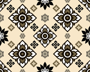 Elegant floral pattern with intricate designs in black, white, and beige tones, perfect for textiles or wallpaper