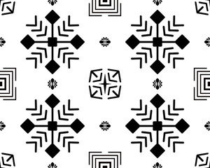 Bold black and white geometric pattern featuring snowflake shapes and intricate designs, perfect for modern decor or textile applications