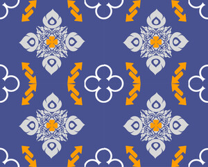 Intricate geometric pattern featuring floral motifs and arrows in vibrant colors. design combines shades of blue, orange, and gray, creating visually striking and harmonious composition