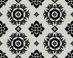 Elegant black and white floral pattern featuring intricate designs and symmetrical shapes, perfect for textiles or wallpaper