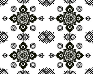Intricate black and white pattern featuring floral and geometric designs, creating harmonious and elegant visual effect. Perfect for textiles or wallpaper