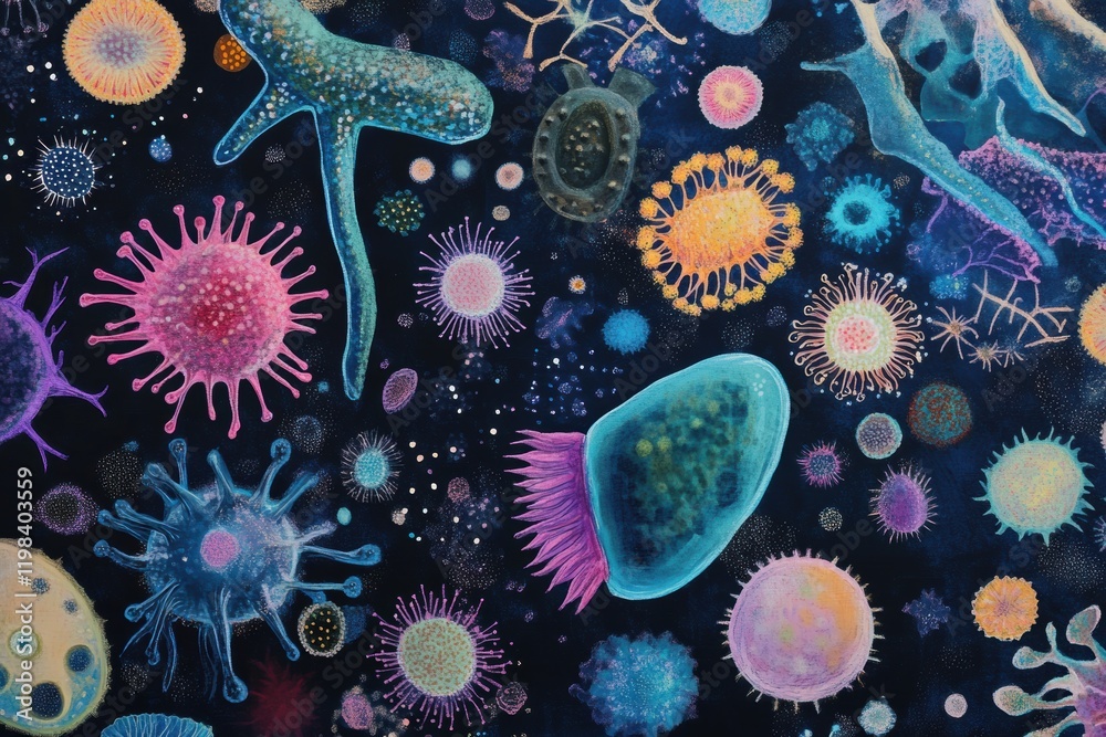 Aufkleber Diverse array of bacteria and microbes illustrated against a dark background showcasing vibrant colors and intricate details. Generative AI