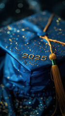 Graduation cap with blue and gold theme showcasing 2025 in sparkling background for future graduates