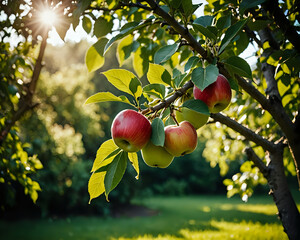 Summer, sunshine, apple tree, close up on red apple