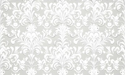 Elegant damask design in white on a soft gray background, showcasing intricate patterns and a refined aesthetic for sophisticated decor.