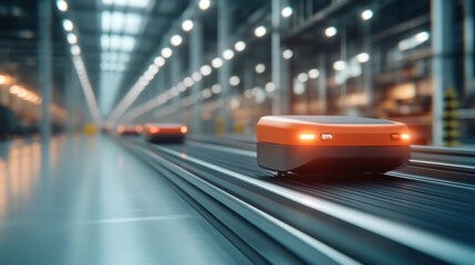 Fototapeta premium Automated delivery robots navigate warehouse modern facility technology industrial environment dynamic perspective