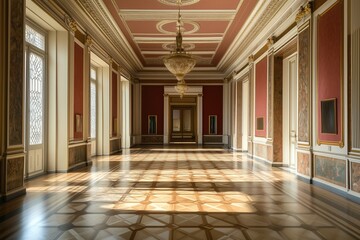 Fototapeta premium A spacious, Neoclassical style house elegant interior of a historic room featuring ornate architecture, large windows, and intricate wooden flooring. The room is illuminated by natural light.