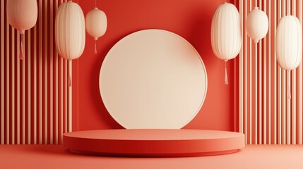 Creative interior design showcasing a round platform and lantern decorations in a vibrant red setting, 3d illustration.