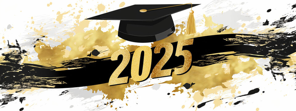 Celebration design featuring 2025 in gold with graduation cap for graduation events and announcements