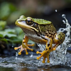 Obraz premium Leaping into Action: Foothill Yellow-Legged Frog Over a Stream