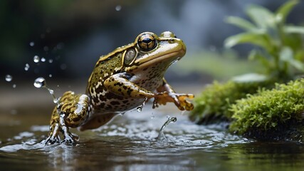 Obraz premium Foothill Yellow-Legged Frog Making a Bold Jump Across a Stream