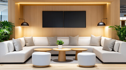 Cozy corner in airport lounge with soft cushions and wooden tables