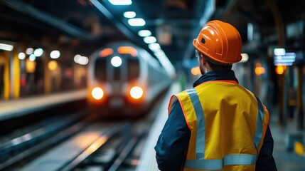 Obraz premium Industrial worker at a railway station wearing high-visibility gear as a train approaches