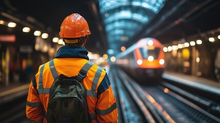 Obraz premium Industrial worker at a railway station wearing high-visibility gear as a train approaches