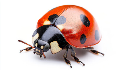 Close-up of a vibrant ladybug showcasing bright red shell with black spots, highlighting intricate details of its body and natural beauty against white background