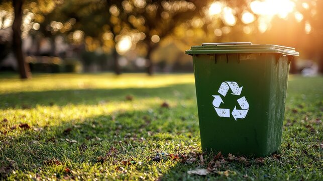 Green recycle bin park sunset eco-friendly.