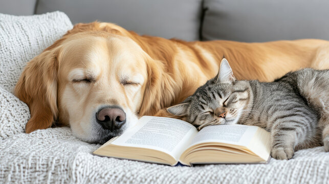 Cozy dog and cat sleeping together with book on soft blanket