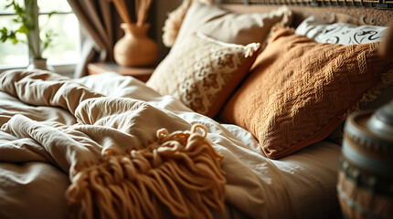 Obraz premium Cozy and Serene Bedroom Interior Design: Soft Textures and Neutral Colors Create a Relaxing Atmosphere