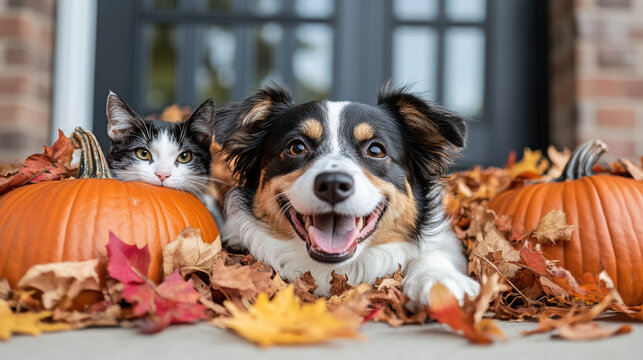 dog and cat enjoying autumn in pumpkin patch with colorful leaves