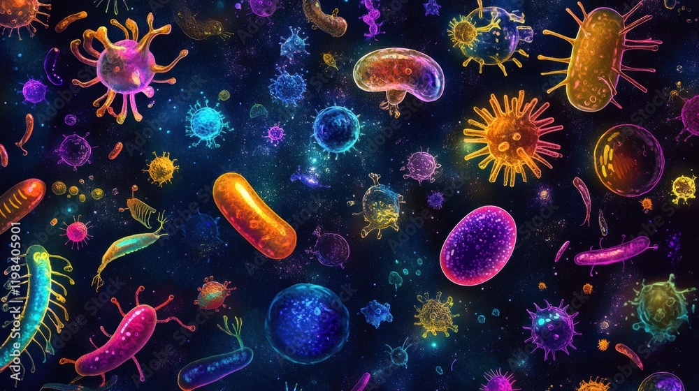 Poster vibrant array of bacteria and microbes with diverse shapes and colors in a dark background. generati