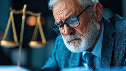 Legal consultation in a modern office senior lawyer deep in thought professional setting introspective mood