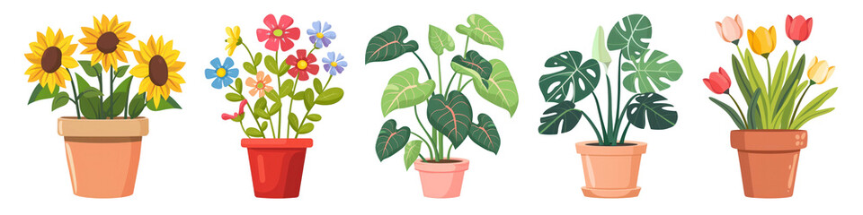 Obraz premium PNG Colorful potted plants illustration set, isolated on transparent background
