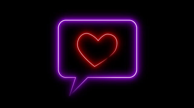 animated video of neon red heart inside neon speech bubble on black background, 4K