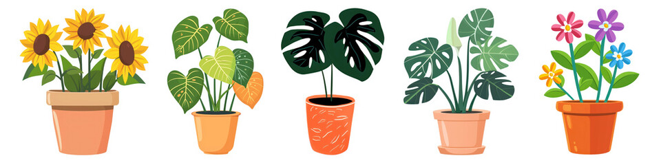 Obraz premium PNG Colorful potted plant illustrations set, isolated on transparent background