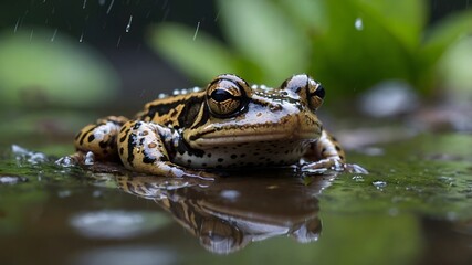 Oregon Spotted Frog in the Rain on a Dewy Leaf