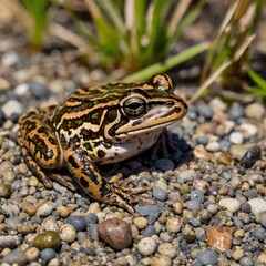Obraz premium Oregon Spotted Frog Resting on a Gravel Shore by the Pond