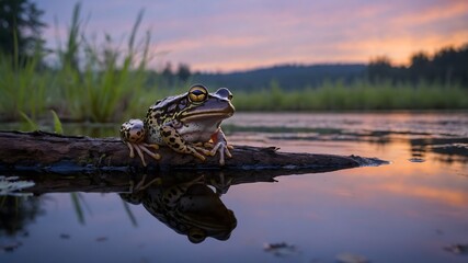 Oregon Spotted Frog at Dusk by Twilight Pond