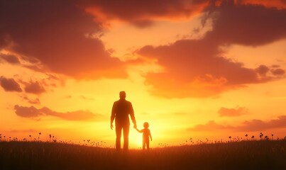 Sunset Bond, a parent and child share a tender moment, hand in hand, against a breathtaking sunset backdrop, evoking warmth and connection.
