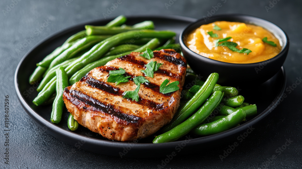 Canvas Prints Grilled pork chop with green beans and apple sauce on black plate