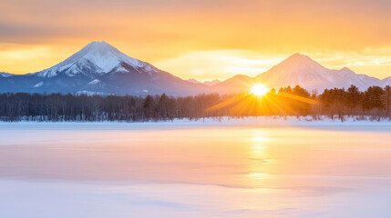 Fototapeta premium stunning snowy mountain range at sunset with golden light
