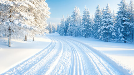 Obraz premium snowy path winds through serene winter forest