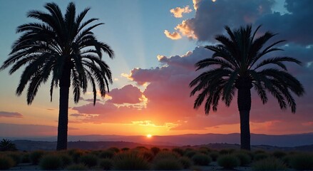 Obraz premium Ramadan poster/card/banner with copy space, A date palm tree at dusk with an open area for text in the sky.