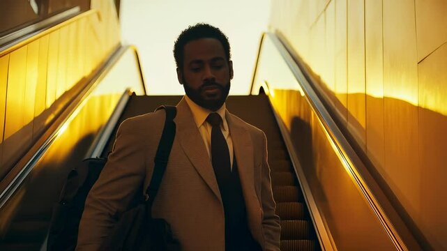 A Black man in formal attire descends an escalator during sunset, showcasing urban life and professional ambition.