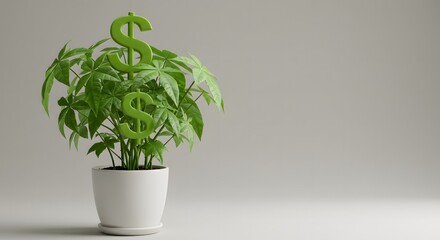 A growing money plant in a pot with dollar sign leaves. Investment and Finance