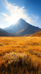 Obraz premium stunning mountain landscape with golden grass and flowers