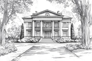 A detailed line drawing of a grand Neoclassical style house mansion with classical architecture. The building features large columns, a triangular pediment, and multiple windows. 