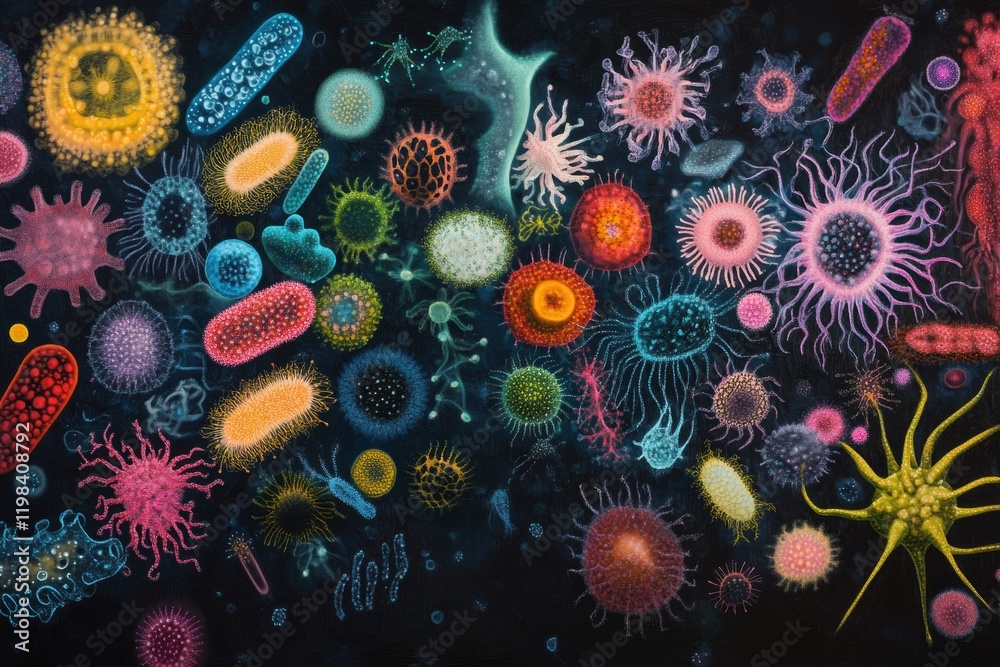 Aufkleber diverse array of colorful bacteria and microbes observed under a microscope in a laboratory setting.